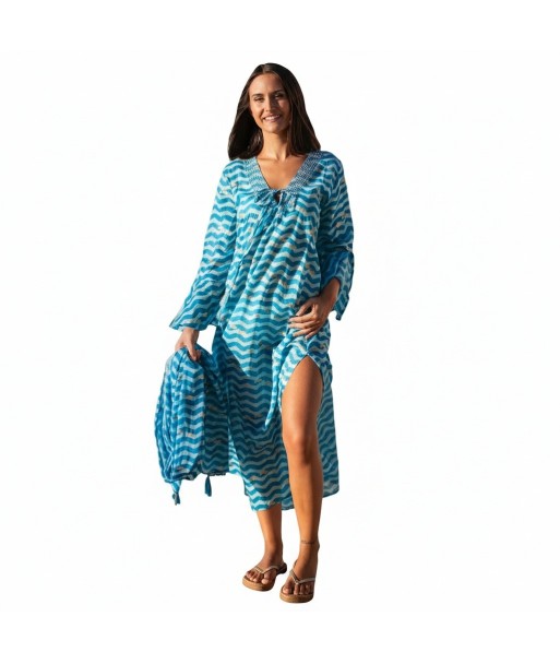 Isla Bonita By SIGRIS Vestido Largo de Algodón con Estampado Ondulado Azul