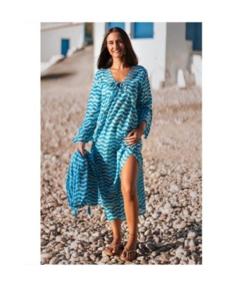 Isla Bonita By SIGRIS Vestido Largo de Algodón con Estampado Ondulado Azul