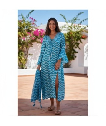 Isla Bonita By SIGRIS Vestido Largo de Algodón con Estampado Ondulado Azul