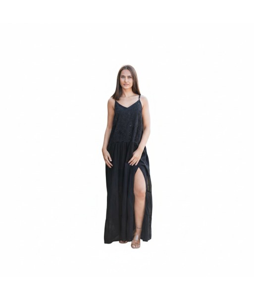 Isla Bonita By SIGRIS Vestido Largo de Algodón Negro con Detalles Bordados