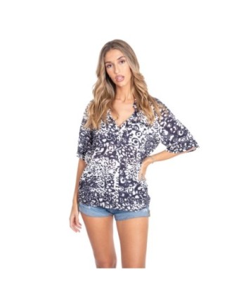 Camisa de Mujer Azul Estampada, Manga ¾, 100% Algodón, Perfecta para Ocasiones Casual y Elegantes, Colección Isla