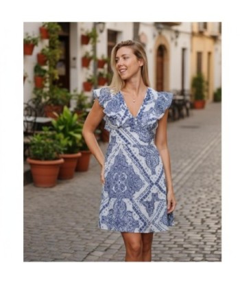 Isla Bonita By SIGRIS Vestido Corto de Algodón con Estampado Azul