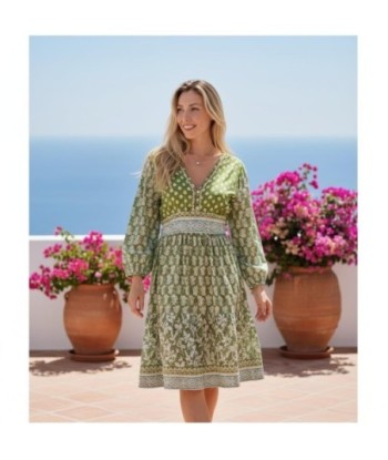 Isla Bonita By SIGRIS Vestido Corto de Verano 100% Algodón con Estampado Verde