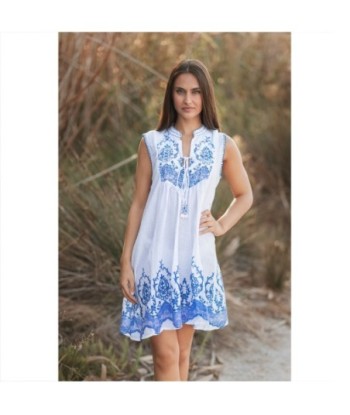 Isla Bonita By SIGRIS Vestido Corto 100% Algodón con Bordado Azulado