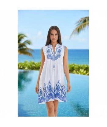 Isla Bonita By SIGRIS Vestido Corto 100% Algodón con Bordado Azulado
