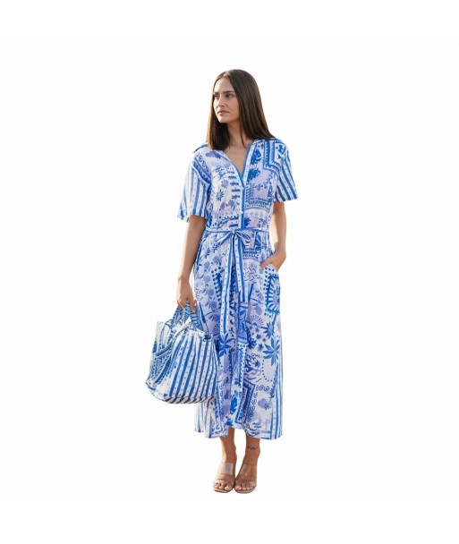 Isla Bonita By SIGRIS Vestido Camisero de Algodón 100% con Estampado Floral Azul