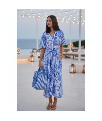 Isla Bonita By SIGRIS Vestido Camisero de Algodón 100% con Estampado Floral Azul