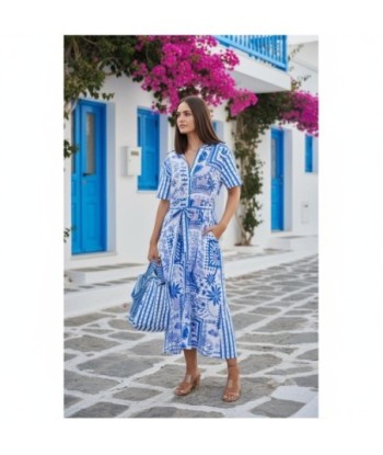 Isla Bonita By SIGRIS Vestido Camisero de Algodón 100% con Estampado Floral Azul