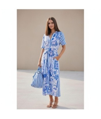 Isla Bonita By SIGRIS Vestido Camisero de Algodón 100% con Estampado Floral Azul
