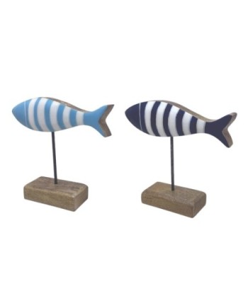 Figura Marinera Pez 2U de Madera con diseño azul y blanco, decorativa para interior.