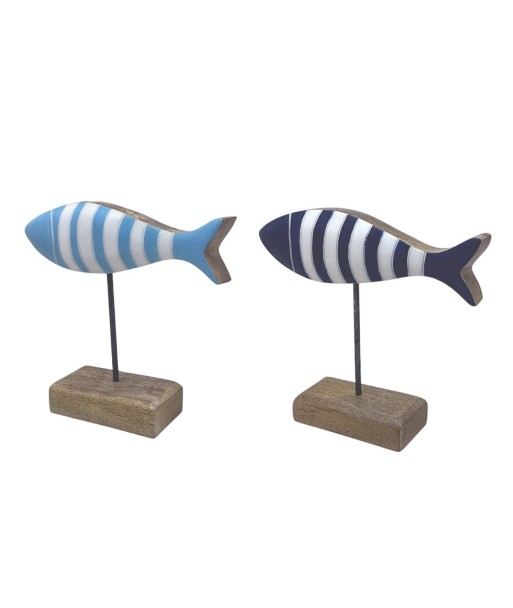 Figura Marinera Pez 2U de Madera con diseño azul y blanco, decorativa para interior.