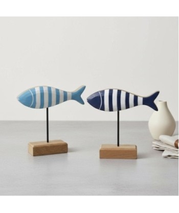 Figura Marinera Pez 2U de Madera con diseño azul y blanco, decorativa para interior.