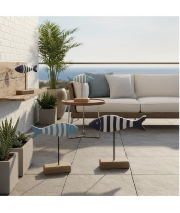 Figura Marinera Pez 2U de Madera con diseño azul y blanco, decorativa para interior.