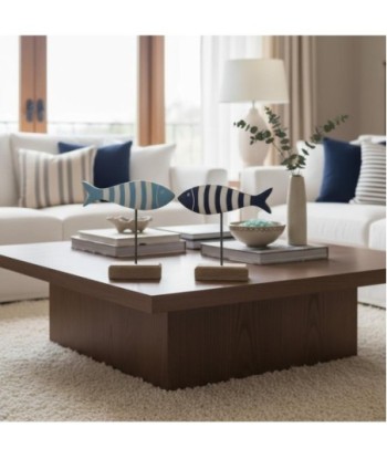 Figura Marinera Pez 2U de Madera con diseño azul y blanco, decorativa para interior.