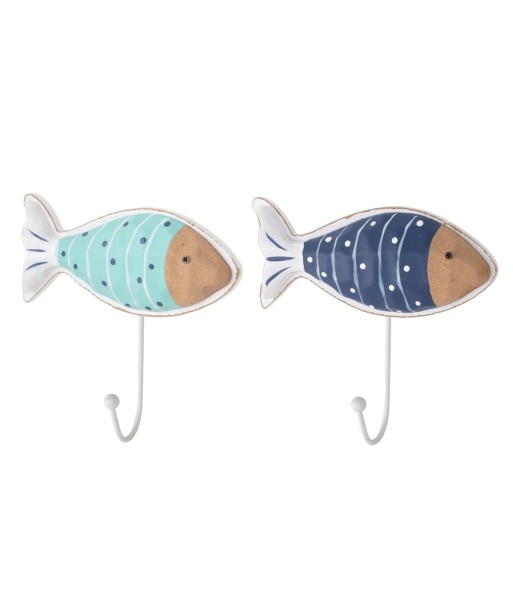 Percha 2U de MDF con diseño de peces en azul y verde, estilo náutico
