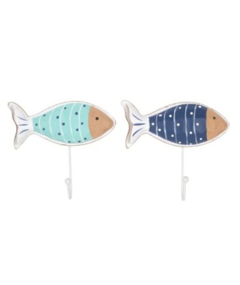 Percha 2U de MDF con diseño de peces en azul y verde, estilo náutico