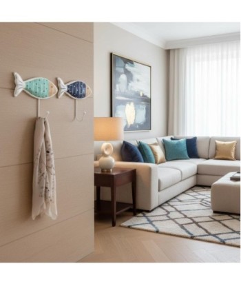 Percha 2U de MDF con diseño de peces en azul y verde, estilo náutico