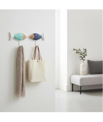 Percha 2U de MDF con diseño de peces en azul y verde, estilo náutico