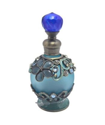 Botella De Perfume Decorativa de Metal y Cristal Azul con Detalles Elegantes