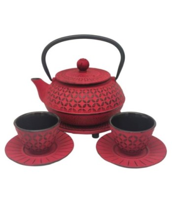 Set Tetera de Hierro Colado 0,6L Rojo con 2 Vasos y 2 Posavasos