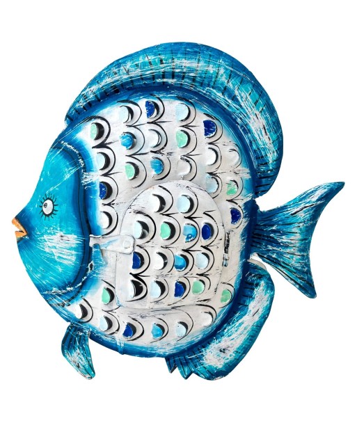 Figura Marinera Pez Portavelas de Hojalata Azul con Detalles Decorativos