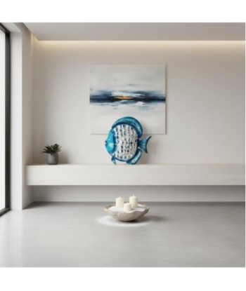 Figura Marinera Pez Portavelas de Hojalata Azul con Detalles Decorativos