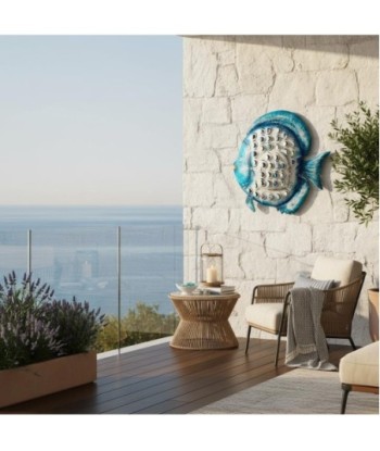 Figura Marinera Pez Portavelas de Hojalata Azul con Detalles Decorativos