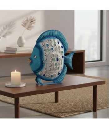 Figura Marinera Pez Portavelas de Hojalata Azul con Detalles Decorativos