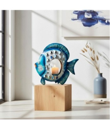 Pez Portavelas S de Hojalata - Decoración Marina Azul y Blanca