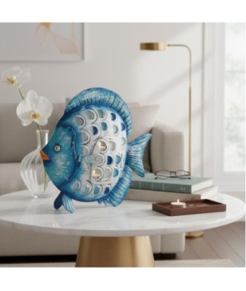 Pez Portavelas S de Hojalata - Decoración Marina Azul y Blanca