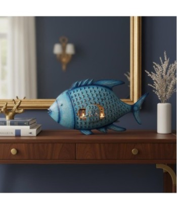 Pez Portavelas L de Hojalata Azul - Decoración Marítima