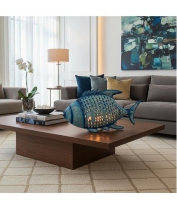 Pez Portavelas M de Hojalata Color Azul, Decoración Náutica para el Hogar