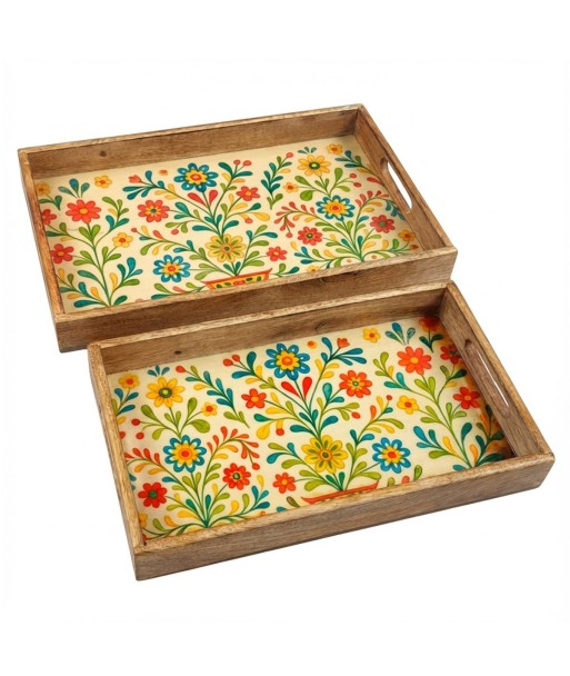 Bandejas Flores 2U de Madera y Resina, Color Marrón, Decoración Floral