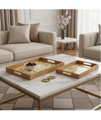 Bandejas Flores 2U de Madera y Resina, Color Marrón, Decoración Floral