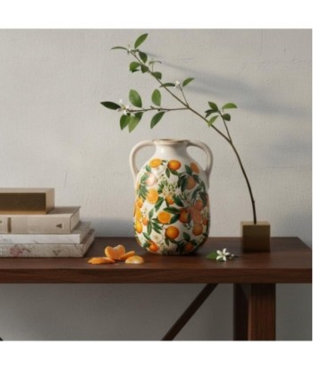 Jarrón Naranja Cerámica - Diseño Frutal y Floral