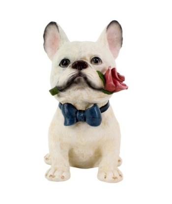 Figura de Perro Bulldog de Resina con Ramo de Rosa - Decoración Elegante