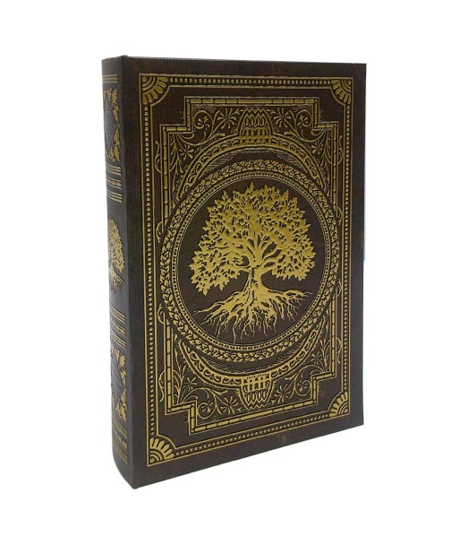 Caja Libro de MDF Forrado Poly con diseño de árbol dorado, estilo vintage