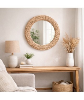 Espejo redondo de palma y hierba marina, natural, decoración vintage