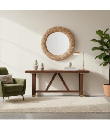 Espejo redondo de palma y hierba marina, natural, decoración vintage