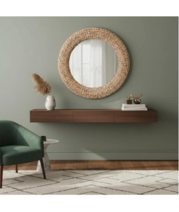 Espejo redondo de palma y hierba marina, natural, decoración vintage