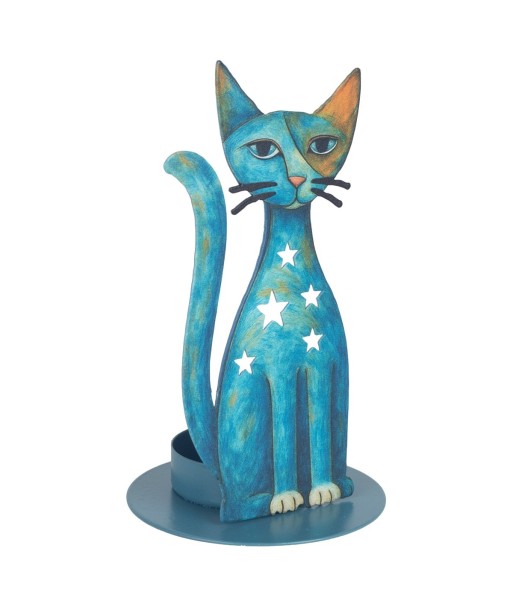 Portavelas Gato de Metal Color Azul | Diseño Moderno y Original