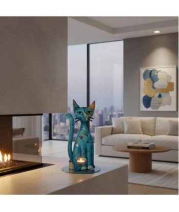 Portavelas Gato de Metal Color Azul | Diseño Moderno y Original