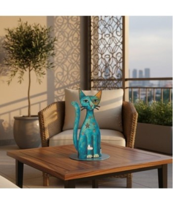 Portavelas Gato de Metal Color Azul | Diseño Moderno y Original