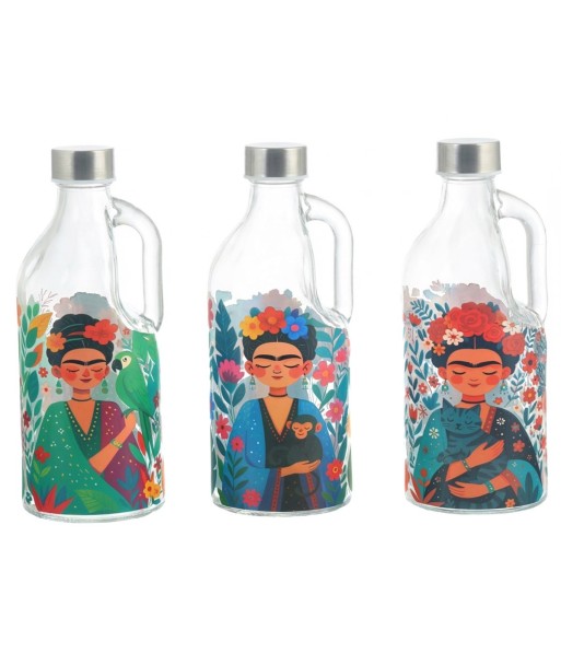 Jarra de Vidrio con Tapon Mujer Flores - Diseño Colorido, 1100ml
