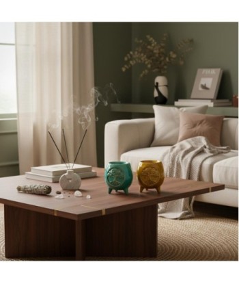 Quemador 3U de Cerámica en Verde y Amarillo - Estilo Natural para Aromaterapia