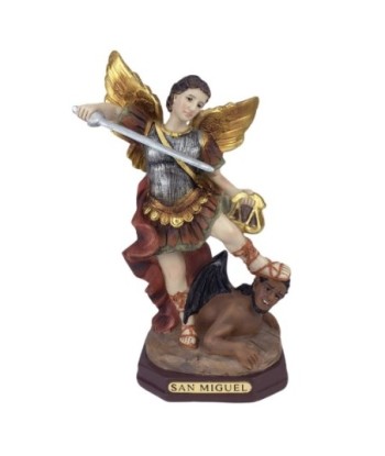 Figura Religiosa San Miguel en Resina con Detalles Dorados y Estilo Clásico