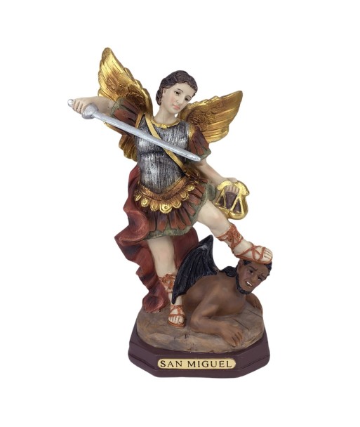 Figura Religiosa San Miguel en Resina con Detalles Dorados y Estilo Clásico