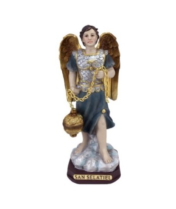 Figura Religiosa San Selatiel de Resina con Detalles Dorados y Cadenas