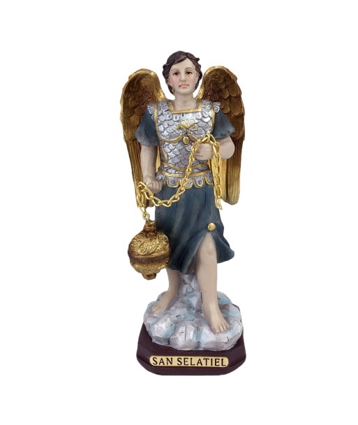 Figura Religiosa San Selatiel de Resina con Detalles Dorados y Cadenas