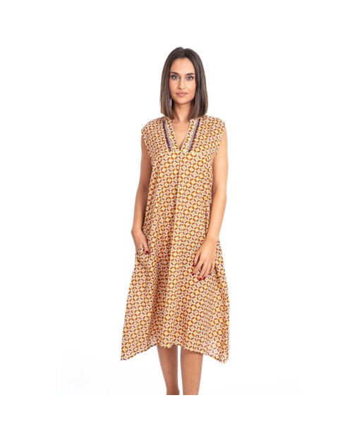Vestido Largo Midi Mujer Azul Estampado Geométrico 100% Algodón Moda Isla Bonita, Elegante y Fresco para Ocasiones